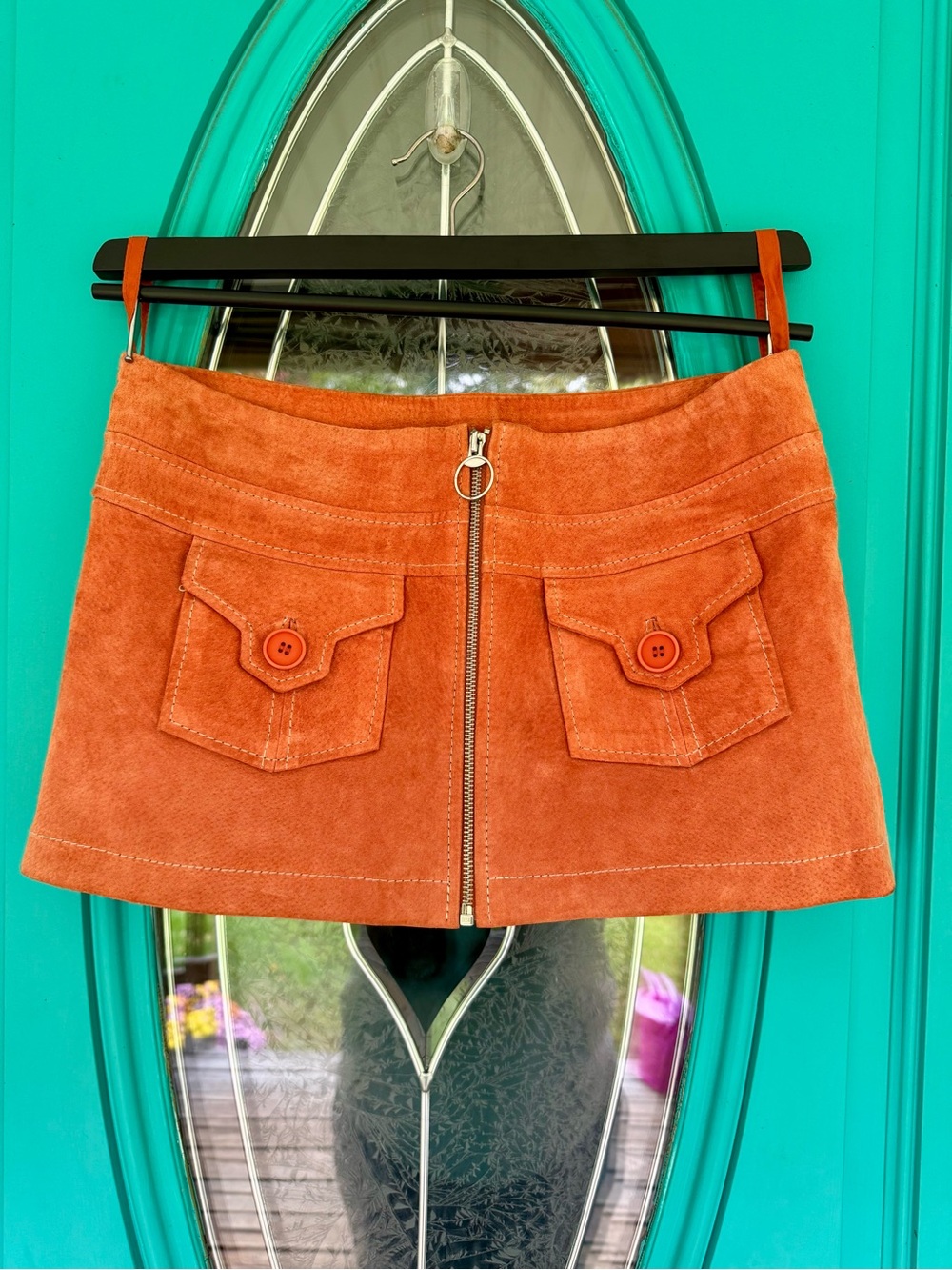 VTG Y2K 100% Leather Orange Mini Skirt with Front Zip & Pocket Details